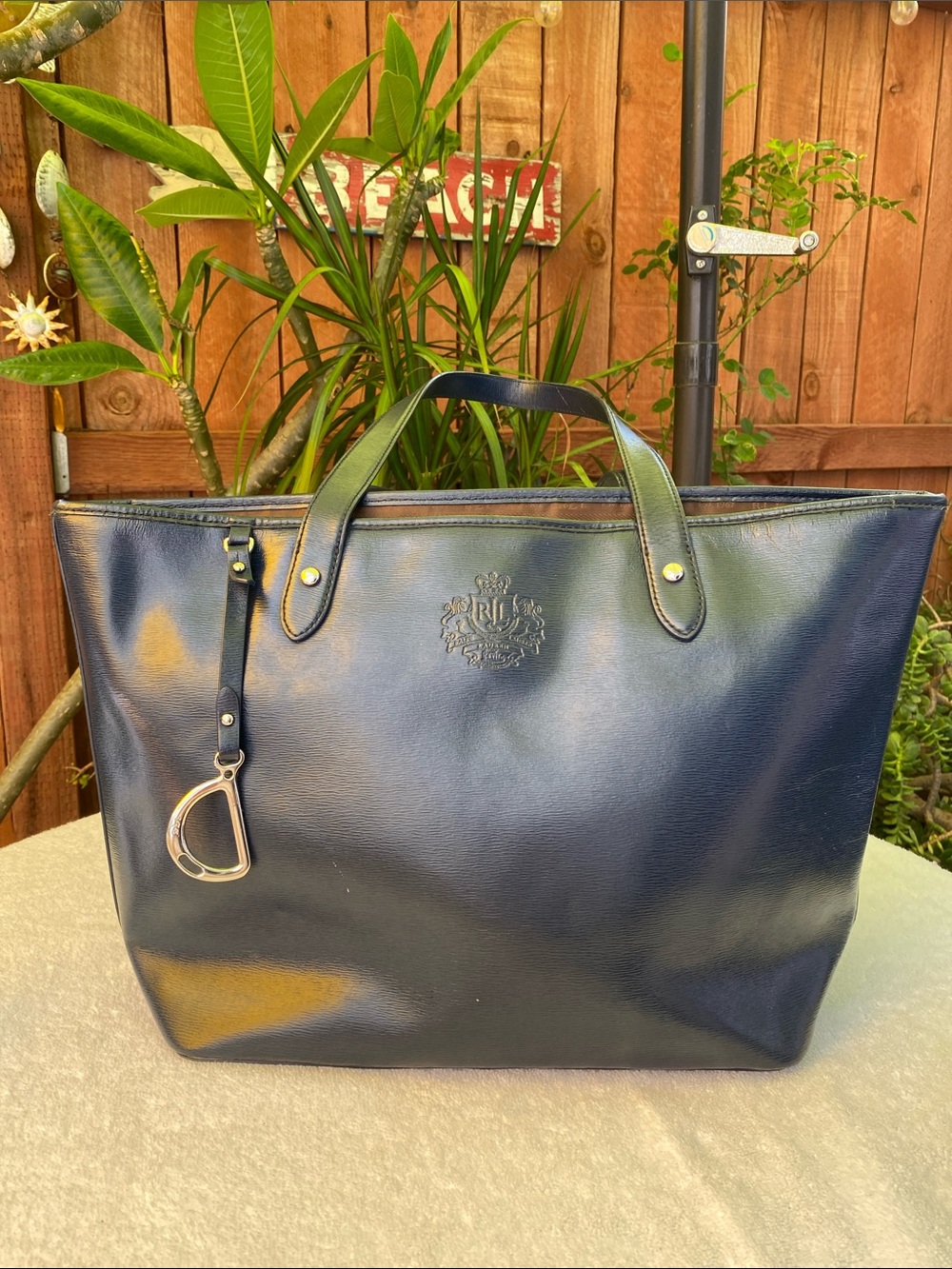 Lauren by Ralph Lauren Navy Embossed Crest Leather Tote! Preowned condition!